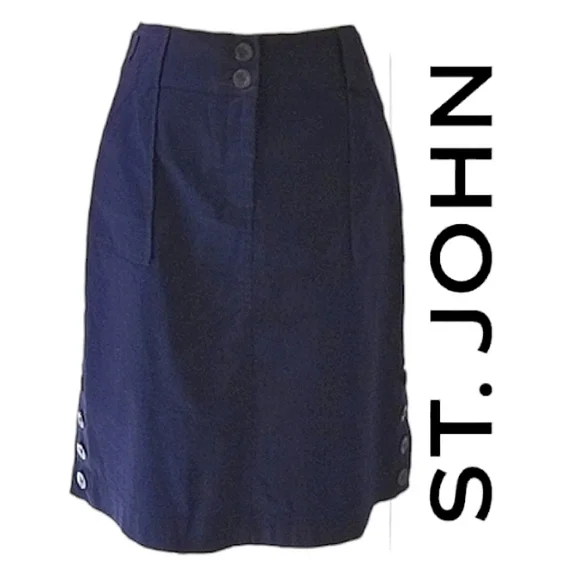 St. John 2012 Resort Collection 100% Cotton Navy Blue Side Button Skirt Sz 4 - Picture 1 of 12